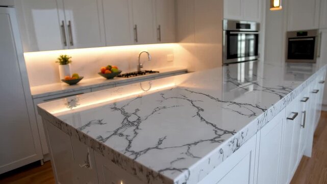 Bright modern kitchen with marble countertop and warm pendant lighting in progressive view