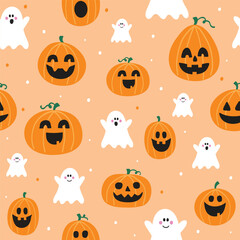 Seamless pattern with hand drawn pumpkin lanterns and ghosts. Halloween background. Vector illustration