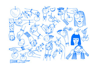 Vector illustration of an apple eating process in a linear style. Woman eats apples 