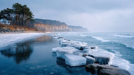 Icy Shoreline Landscape Featuring Rocks Water and Trees Under an Overcast Sky During Winter Season