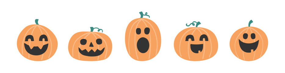 Funny Halloween pumpkins. Hand drawn characters collection. Vector illustration