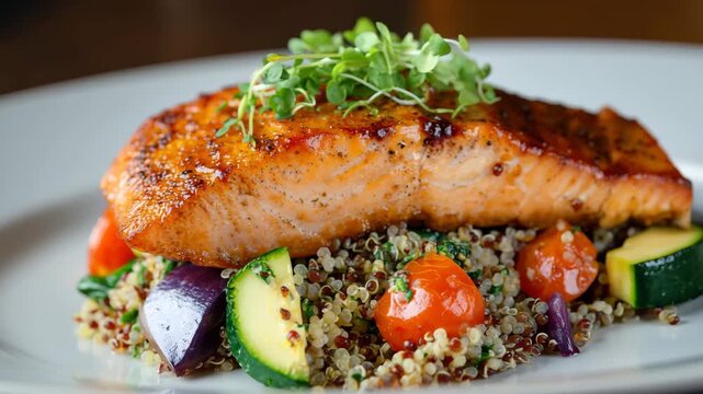 Enjoy a vibrant dish featuring grilled salmon perfectly cooked on a bed of fluffy quinoa. This plate combines colorful vegetables and fresh herbs for a delightful meal