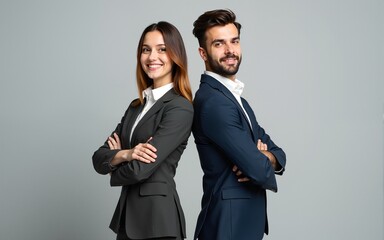 Concept of partnership in business. Young man and woman standing back-to-back with crossed hands against gray background. High quality