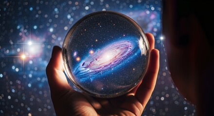 Hand Holding Crystal Ball with Galaxy Inside Space Concept