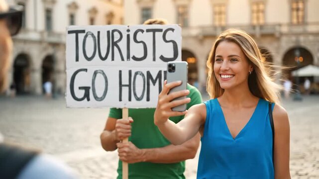 An ironic travel scene where a happy oblivious female tourist takes a selfie in front of a protest sign that says "TOURISTS GO HOME" highlighting the issue of overtourism