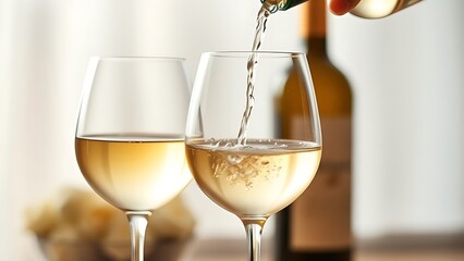 Two elegant wine glasses being poured, capturing a sophisticated and warm ambiance.