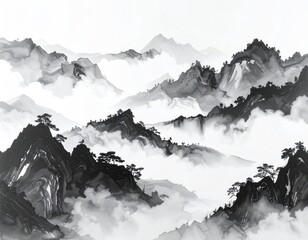 Gray mountains shrouded in mist, ink wash landscape