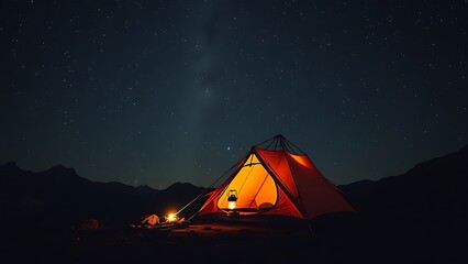 Tent under starry sky at mountain base camp, warm lantern glow inside, celestial effect.