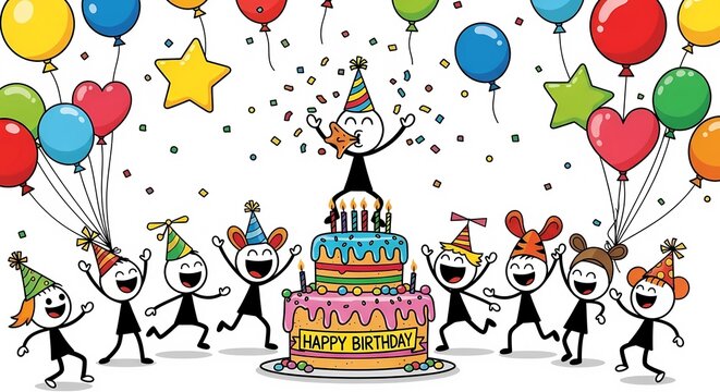 Celebration Time! Happy Birthday with Balloons, Cake, Confetti, and Cheerful Characters