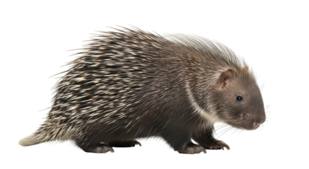 Isolated rodent mammal is walking, a porcupine has quills for protection and defense