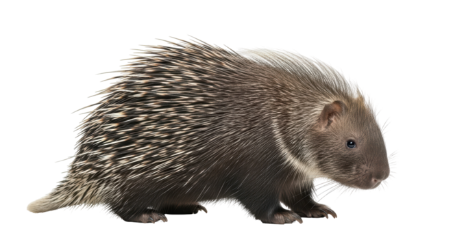 Isolated rodent mammal is walking, a porcupine has quills for protection and defense