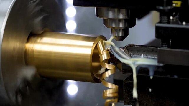 Watch as skilled hands operate a lathe, shaping a brass cylinder into an intricate design. Coolant flows as tools carve fine details, showcasing craftsmanship.