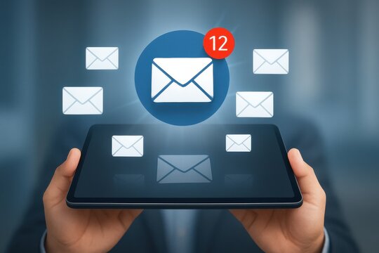 Glowing unread email icon with notification bubble displayed above tablet in blue digital interface

