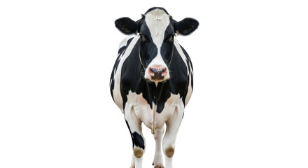 Isolated Holstein cow standing looking forward, front view, farm animal with black markings