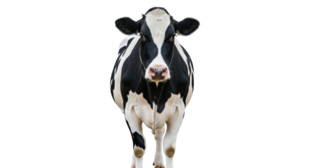 Isolated Holstein cow standing looking forward, front view, farm animal with black markings
