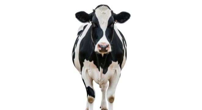 Isolated Holstein cow standing looking forward, front view, farm animal with black markings