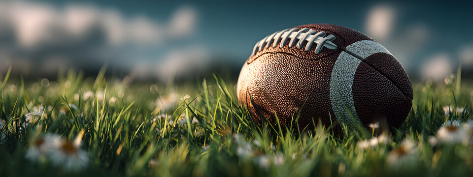 Rugby ball at green grass at sunny day, illustration, banner with copy space.