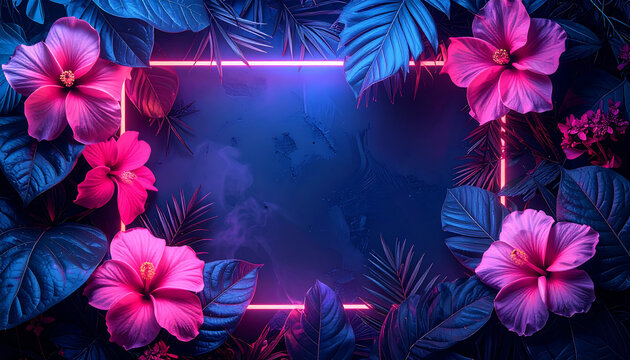 Creative layout made of flowers and leaves with neon glowing in darkness