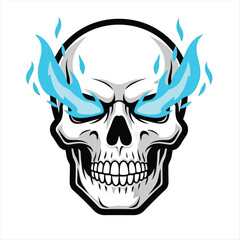 Fototapeta premium Vector illustration of a menacing human skull with supernatural blue fire blazing from its eye sockets, isolated on a white background