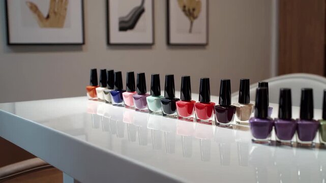Vibrant nail polish display on sleek table with dynamic lighting and artistic background