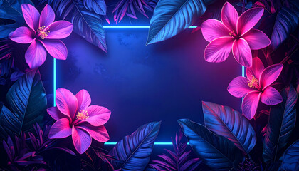 Creative layout made of flowers and leaves with neon glowing in darkness