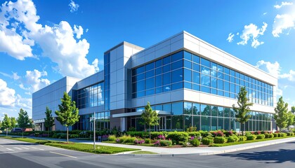 Modern hospital building with glass exterior, reflecting blue sky, surrounded by greenery and landscaping, suitable for healthcare, clinic, or medical facility themes.