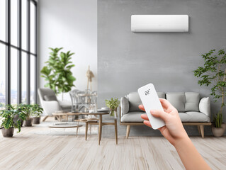 Hand holding a remote control, setting the temperature of a modern air conditioner unit in a stylish living room