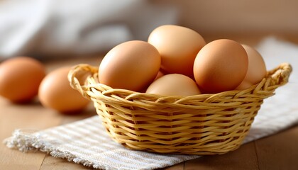 Fresh eggs in basket with morning sunlight