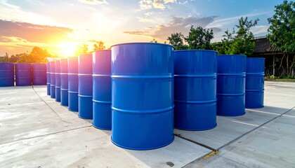 Blue metal barrels outdoor storage, industrial containers reflecting sunlight, arranged in rows on concrete, suitable for oil, chemicals, or industrial liquids.