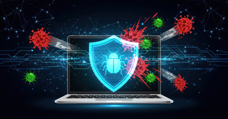 Cyber security concept with laptop computer protected by glowing shield from red and green virus attacks on digital network background