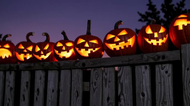 Glowing jacko&rsquo;lanterns illuminate wooden fence against twilight sky