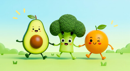 Obraz premium Healthy eating for kids concept with cute 3d cartoon characters of avocado broccoli and orange walking together in green field