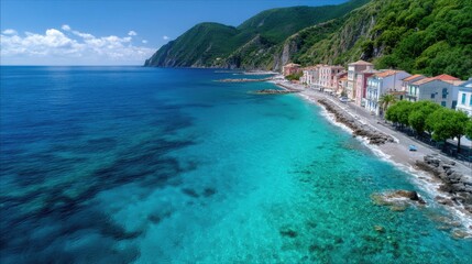 Scenic Italian Coastline with Turquoise Water and Colorful Buildings Against Green Hillside on Sunny Day Aerial View