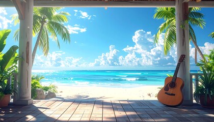 Tropical beach hut with acoustic guitar