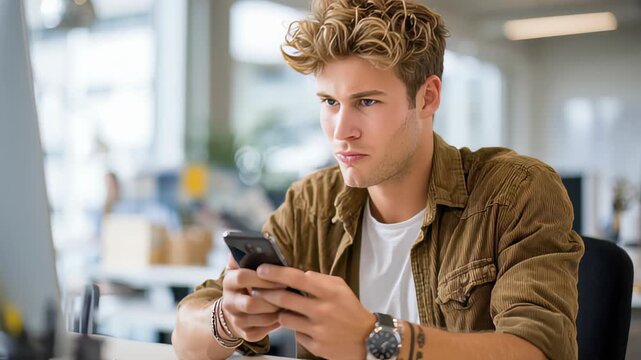Young Man Using Smartphone in Modern Office Environment, Lifestyle Photography