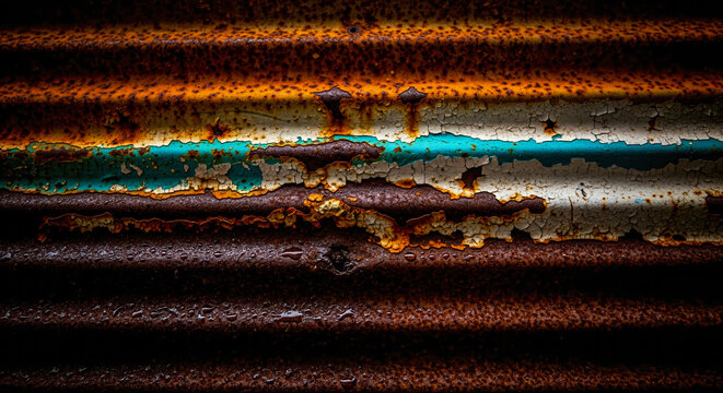 Grunge texture background of old rusty corrugated metal sheet with peeling blue and white paint for industrial or vintage wallpaper