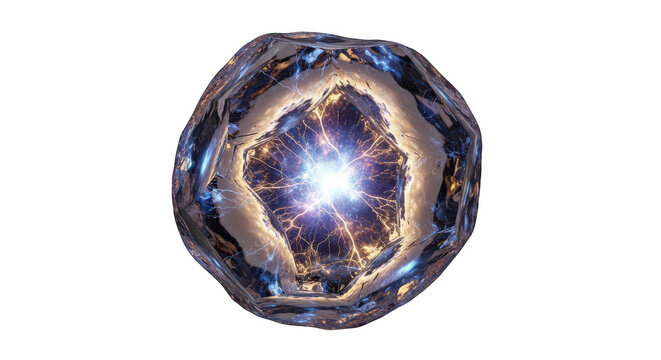 Irregularly shaped object with a bright glowing cosmic center isolated on transparent background