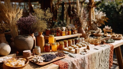 A rustic autumn market display filled with handmade jams, herbal remedies, and dried flowers in a warm, natural setting