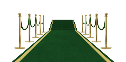 Perspective view green velvet rope barrier and golden poles and green carpet isolated © Supachai