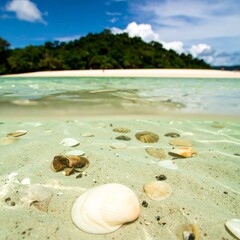 Tropical beach, shallow water, shells
