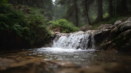 Obraz premium A serene waterfall cascades over mossy rocks amidst a lush green forest conveying a sense of natural peace and beauty