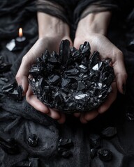 A pair of hands holds a bowl of black crystals, surrounded by more crystals and a candle, creating a mystical and dark aesthetic.