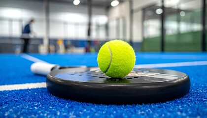 Padel court racket tennis ball closeup on blue turf, highlighting indoor sport equipment before a match starts.