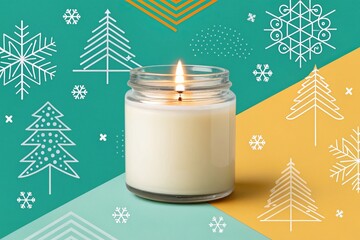 A lit candle mockup in a jar surrounded by Christmas festive winter designs, including snowflakes and trees, on a colorful geometric background.