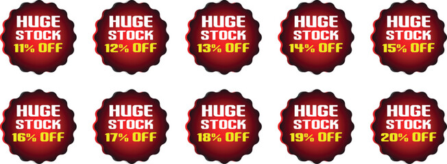Red and yellow discount badges showing huge stock with percentages from 11 to 20 percent off sale offer