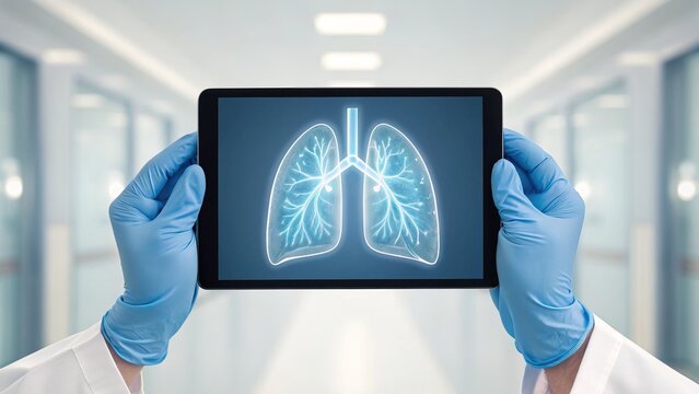 A healthcare professional holds a tablet displaying a digital illustration of human lungs in a modern medical environment.