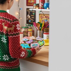 A person in a festive sweater holds a plate of colorful, decorated cookies in a cozy kitchen adorned with holiday lights.