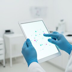 A researcher in blue gloves interacts with a digital tablet displaying a network diagram in a modern laboratory setting.