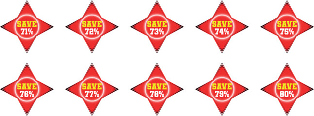 Ten Red Starburst Discount Badges Showing Save Percentages Seventy One to Eighty sale offer
