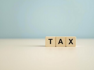 Three white wooden blocks with black letters spelling TAX